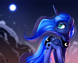 Size: 2980x2437 | Tagged: safe, artist:skyart301, princess luna, alicorn, pony, absurd resolution, cloud, eyelashes, female, folded wings, green eyes, horn, looking back, moon, night, solo, wings