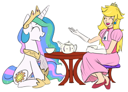 Size: 800x577 | Tagged: safe, princess celestia, human, crossover, nintendo, princess peach, super mario bros., talking, tea, tea party