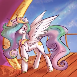 Size: 1280x1280 | Tagged: safe, artist:bluekazenate, princess celestia, alicorn, pony, balcony, crown, cute, cutelestia, hoof shoes, jewelry, regalia, solo