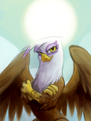 Size: 600x800 | Tagged: safe, artist:norang94, derpibooru import, gilda, griffon, backlighting, crossed arms, portrait, solo, sun