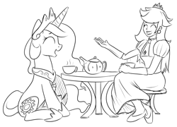 Size: 800x577 | Tagged: source needed, safe, artist:xioade, princess celestia, human, crossover, monochrome, princess peach, sketch, super mario bros., talking, tea