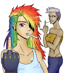 Size: 662x745 | Tagged: safe, artist:asdf314159265, derpibooru import, gilda, rainbow dash, human, humanized, light skin, middle finger, moderate dark skin, vulgar