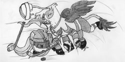 Size: 839x421 | Tagged: safe, artist:xxfatpigxx, derpibooru import, fluttershy, gilda, griffon, pegasus, pony, check, detroit red wings, fillydelphia, hockey, monochrome, nhl, philadelphia flyers, red wings