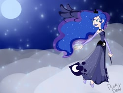 Size: 1400x1050 | Tagged: safe, artist:2-lettdodd, princess luna, horn, horn wand, humanized, snow, snowfall, solo, wand, winged humanization