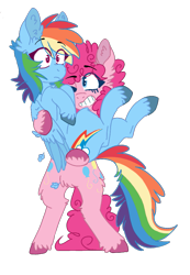 Size: 637x922 | Tagged: safe, artist:wanderingpegasus, pinkie pie, rainbow dash, earth pony, pegasus, pony, bipedal, carrying, female, fluffy, holding a pony, lesbian, one eye closed, pinkiedash, shipping, wink