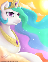 Size: 1024x1317 | Tagged: safe, artist:katurkeyg, princess celestia, alicorn, pony, cloud, crown, female, jewelry, mare, regalia, signature, solo, sun