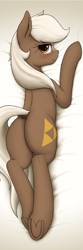 Size: 1700x5095 | Tagged: safe, artist:anearbyanimal, earth pony, pony, absurd resolution, blushing, body pillow, body pillow design, dock, epona, explicit source, eyelashes, female, frog (hoof), looking at you, looking back, mare, plot, ponified, prone, smiling, solo, sploot, the ass was fat, the legend of zelda, underhoof