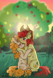 Size: 480x706 | Tagged: safe, artist:wanderingpegasus, bright mac, pear butter, earth pony, pony, the perfect pear, apple tree, applejack's parents, blushing, brightbutter, chest fluff, cowboy hat, eyes closed, female, grass, hat, hug, husband and wife, intertwined trees, male, mare, one eye closed, pear tree, scenery, shipping, sitting, stallion, stetson, straight, tree