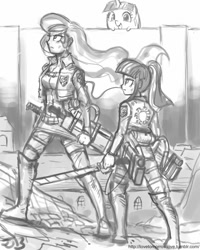 Size: 680x850 | Tagged: safe, artist:johnjoseco, princess celestia, twilight sparkle, human, attack on titan, blob, chubbie, crossover, grayscale, humanized, monochrome, pig pony