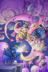 Size: 500x759 | Tagged: safe, artist:agnesgarbowska, idw, fluttershy, princess luna, private pansy, spike, star swirl the bearded, twilight sparkle, alicorn, dragon, pegasus, pony, adult, adult spike, clean, comic, costume, cover, official, older, older spike, spikezilla, traditional royal canterlot voice