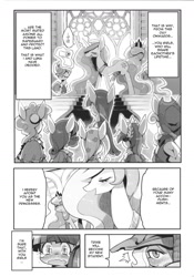 Size: 1038x1480 | Tagged: safe, artist:rikose, applejack, fluttershy, pinkie pie, princess celestia, princess luna, rainbow dash, rarity, raven, twilight sparkle, alicorn, earth pony, pegasus, pony, unicorn, comic, mane six, monochrome, pngk poni-gaku!, traslation:atticon