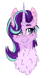 Size: 730x1119 | Tagged: safe, artist:wanderingpegasus, starlight glimmer, pony, unicorn, bust, cheek fluff, chest fluff, cute, ear fluff, female, mare, simple background, smiling, solo, white background