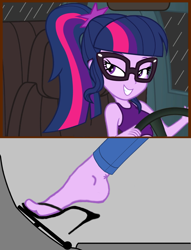 Size: 1138x1493 | Tagged: safe, sci-twi, twilight sparkle, equestria girls, car, clothes, driving, feet, fetish, foot fetish, foot focus, high heels, legs, pedal, pictures of legs, sandals, shoes, solo, stiletto heels