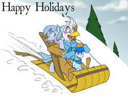 Size: 1280x1097 | Tagged: safe, artist:gilded-wings, derpibooru import, gilda, oc, griffon, clothes, hat, scarf, sledding, snow, tumblr, winter