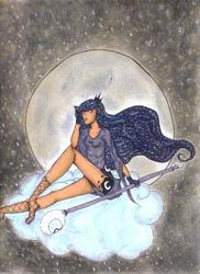 Size: 637x877 | Tagged: safe, artist:pink-kitty17, princess luna, bad anatomy, cloud, feet, fishnet stockings, humanized, moon, night, sandals, scepter, sitting, skinny, sky, solo, staff, stars, toes, traditional art