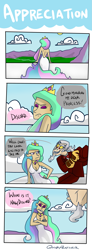 Size: 1223x3312 | Tagged: safe, artist:quinepeather, discord, princess celestia, human, :t, annoyed, back, comic, crossed arms, dislestia, eyes closed, eyeshadow, female, frown, gritted teeth, humanized, light skin, male, shipping, smiling, smirk, straight