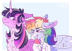 Size: 913x651 | Tagged: safe, artist:wanderingpegasus, rainbow dash, twilight sparkle, twilight sparkle (alicorn), alicorn, pegasus, pony, chest fluff, duo, ear fluff, female, floppy ears, mare, smiling, unamused