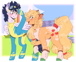 Size: 1078x882 | Tagged: safe, artist:wanderingpegasus, applejack, soarin', earth pony, pegasus, pony, blushing, braid, chest fluff, clothes, colored hooves, cutie mark, ear fluff, eye contact, female, fluffy, goggles, heart eyes, looking at each other, male, mare, open mouth, pale belly, shipping, smiling, soarinjack, socks (coat marking), stallion, straight, tail wrap, uniform, wingding eyes, wonderbolts uniform