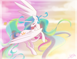 Size: 800x609 | Tagged: dead source, safe, artist:probablyfakeblonde, princess celestia, alicorn, pony, flying, horn jewelry, jewelry, solo