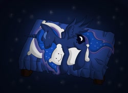 Size: 1049x762 | Tagged: safe, artist:malamol, princess luna, alicorn, pony, :i, bed, eyes closed, missing accessory, on side, pillow, sleeping, smiling, solo, spread wings