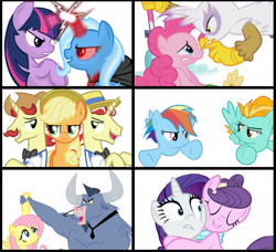 Size: 1921x1754 | Tagged: safe, derpibooru import, applejack, flam, flim, fluttershy, gilda, iron will, lightning dust, pinkie pie, rainbow dash, rarity, suri polomare, trixie, twilight sparkle, twilight sparkle (alicorn), alicorn, earth pony, griffon, pegasus, pony, unicorn, alicorn amulet, debate in the comments, female, flim flam brothers, mane six, mare, rivalry