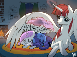 Size: 2000x1483 | Tagged: safe, artist:cakewasgood, princess celestia, princess luna, oc, oc:fausticorn, blanket, cewestia, female, filly, hug, lauren faust, magic, pink-mane celestia, siblings, sleeping, spread wings, the powerpuff girls, winghug, woona, younger