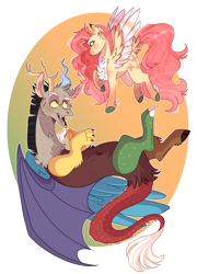 Size: 968x1346 | Tagged: safe, artist:wanderingpegasus, discord, fluttershy, draconequus, pegasus, pony, digital art, discoshy, female, male, mare, shipping, smiling, straight