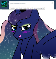 Size: 629x660 | Tagged: safe, artist:zombiecollie, princess luna, alicorn, pony, ask lusty luna, blushing, licking lips, lusty luna, solo, tongue out, tumblr