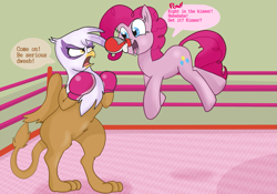 Size: 999x701 | Tagged: safe, artist:klondike, derpibooru import, gilda, pinkie pie, earth pony, griffon, pony, boxing