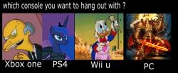 Size: 1446x598 | Tagged: safe, princess luna, alicorn, pony, comparison trolling, computer, console wars, glorious master race, god-emperor of mankind, montgomery burns, pc master race, playstation 4, scrooge mcduck, the simpsons, warhammer (game), warhammer 40k, wii u, xbox one