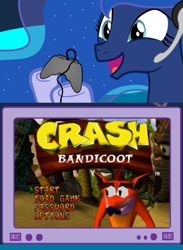 Size: 439x600 | Tagged: safe, princess luna, alicorn, pony, crash bandicoot, exploitable meme, gamer luna, gamer meme, meme, tv meme