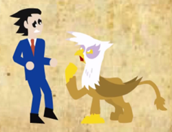 Size: 340x261 | Tagged: safe, artist:mrponiator, derpibooru import, gilda, griffon, human, ace attorney, crossover, phoenix wright, pointy people, pointy ponies, turnabout storm