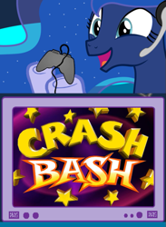 Size: 439x600 | Tagged: safe, princess luna, alicorn, pony, crash bandicoot, crash bash, exploitable meme, gamer luna, gamer meme, meme, tv meme