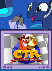 Size: 439x600 | Tagged: safe, princess luna, alicorn, pony, crash bandicoot, crash team racing, exploitable meme, gamer luna, gamer meme, meme, tv meme