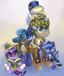 Size: 683x800 | Tagged: safe, artist:saturnspace, derpy hooves, doctor whooves, princess luna, star hunter, twilight sparkle, alicorn, pony, :p, book, clockpunk, clockwise whooves, clothes, cute, dress, filly, glasses, goggles, gritted teeth, hat, hug, jack harkness, ponified, pony hat, reading, smiling, tongue out, woona, younger