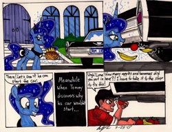 Size: 1688x1298 | Tagged: safe, artist:newyorkx3, princess luna, human, apple, banana, car, comic, prank, self insert, traditional art