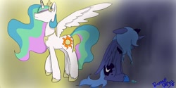 Size: 900x451 | Tagged: safe, artist:roxsasdoll, princess celestia, princess luna, alicorn, pony, s1 luna, sad