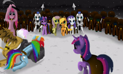 Size: 2500x1500 | Tagged: safe, artist:mrs-ponylicious, derpibooru import, applejack, fluttershy, gilda, pinkie pie, rainbow dash, rarity, twilight sparkle, earth pony, griffon, pegasus, pony, unicorn, alternate universe, axe, butt, chopping block, crying, execution, fanfic, fanfic art, imminent death, imminent decapitation, inner glory, mane six, pinkamena diane pie, plot, royal guard, spear