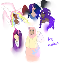 Size: 900x900 | Tagged: safe, artist:1970s-ninja, fluttershy, princess celestia, princess luna, rarity, twilight sparkle, human, dark skin, hijab, horned humanization, humanized, islam, islamashy, light skin, moderate dark skin, winged humanization