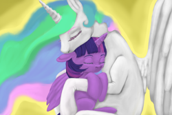 Size: 912x610 | Tagged: safe, artist:colorlesscupcake, princess celestia, twilight sparkle, twilight sparkle (alicorn), alicorn, pony, female, hug, lesbian, mare, momlestia, shipping, twilestia