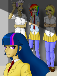 Size: 782x1032 | Tagged: safe, artist:asdf314159265, derpibooru import, applejack, gilda, rainbow dash, twilight sparkle, human, clothes, humanized, light skin, moderate dark skin, necktie, school uniform, smoking