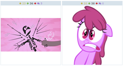 Size: 512x278 | Tagged: safe, derpibooru import, screencap, berry punch, berryshine, gilda, griffon, griffon the brush off, derpibooru, electricity, exploitable meme, juxtaposition, juxtaposition win, meme, meta, shocked