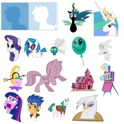 Size: 2000x2000 | Tagged: safe, artist:the smiling pony, derpibooru import, angel bunny, discord, dj pon-3, flash sentry, gilda, princess celestia, queen chrysalis, rarity, shining armor, twilight sparkle, vinyl scratch, changeling, changeling queen, griffon, parasprite, pony, equestria girls, .svg available, balloon, camera, farmhouse, jester, pointy ponies, simple background, statue, template, transparent background, vector