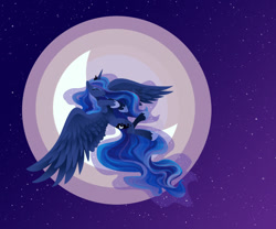 Size: 1024x853 | Tagged: safe, artist:joellethenose, princess luna, alicorn, pony, eyes closed, female, flying, jewelry, mare, moon, night, regalia, sky, smiling, solo, spread wings, stars, wings