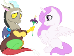 Size: 800x604 | Tagged: safe, artist:bux, discord, princess celestia, alicorn, pony, dislestia, female, flower, male, pink-mane celestia, shipping, straight, younger