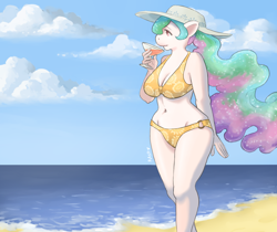 Size: 1280x1074 | Tagged: dead source, safe, artist:the-rasp-b, princess celestia, alicorn, anthro, beach, belly button, bikini, cleavage, clothes, cloud, cloudy, cocktail, curvy, drink, female, hat, missing cutie mark, missing horn, ocean, solo, swimsuit, wide hips, wingless, wingless anthro