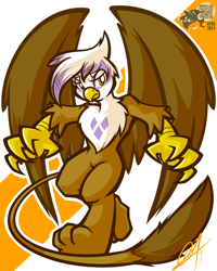 Size: 1024x1280 | Tagged: safe, artist:lilchu, derpibooru import, gilda, griffon, abstract background, bipedal, chest fluff, female, looking at you, qr code, solo, spread wings, walking, wings