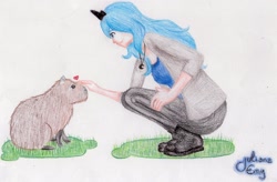 Size: 1735x1135 | Tagged: safe, artist:emy-ai, princess luna, capybara, heart, humanized, necklace, pet, petting, smiling, squatting