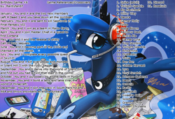 Size: 1084x737 | Tagged: safe, dj pon-3, lyra heartstrings, princess luna, vinyl scratch, alicorn, pony, sea pony, friendship is magic, birthday game, cellphone, controller, exploitable meme, headphones, headset, looking at you, meme, my little pony, phone, prone, rarityfan87, seapony lyra, smartphone, spread wings, video game