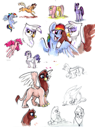 Size: 1000x1338 | Tagged: safe, artist:tsebresos, derpibooru import, applejack, fluttershy, gilda, pinkie pie, rainbow dash, rarity, twilight sparkle, twilight sparkle (alicorn), oc, alicorn, earth pony, griffon, pegasus, pony, unicorn, eyes closed, female, looking at you, looking back, mane six, mare, open mouth, prone, pronking, raised eyebrow, raised hoof, running, sketch dump, smiling, traditional art